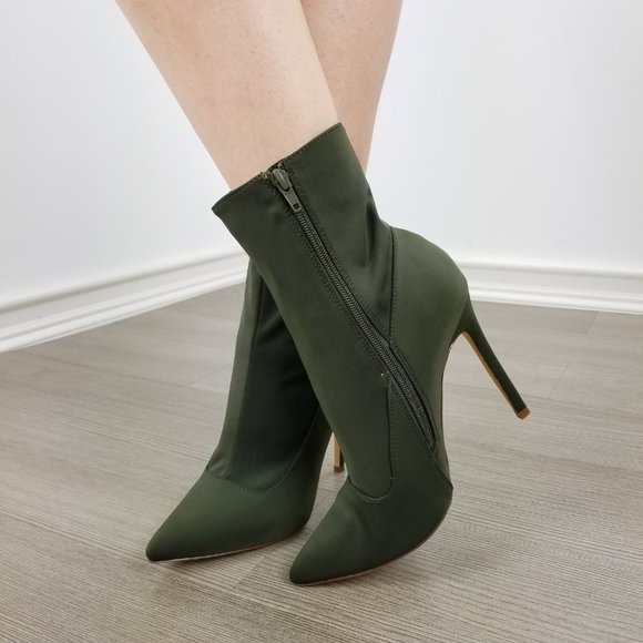 Olive Pointy Toe Sexy Stiletto Ankle Sock Boots - Picture 5 of 11